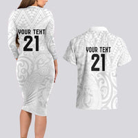 New Zealand Rangatira Custom Couples Matching Long Sleeve Bodycon Dress and Hawaiian Shirt All White Niho Taniwha Maori Tribal