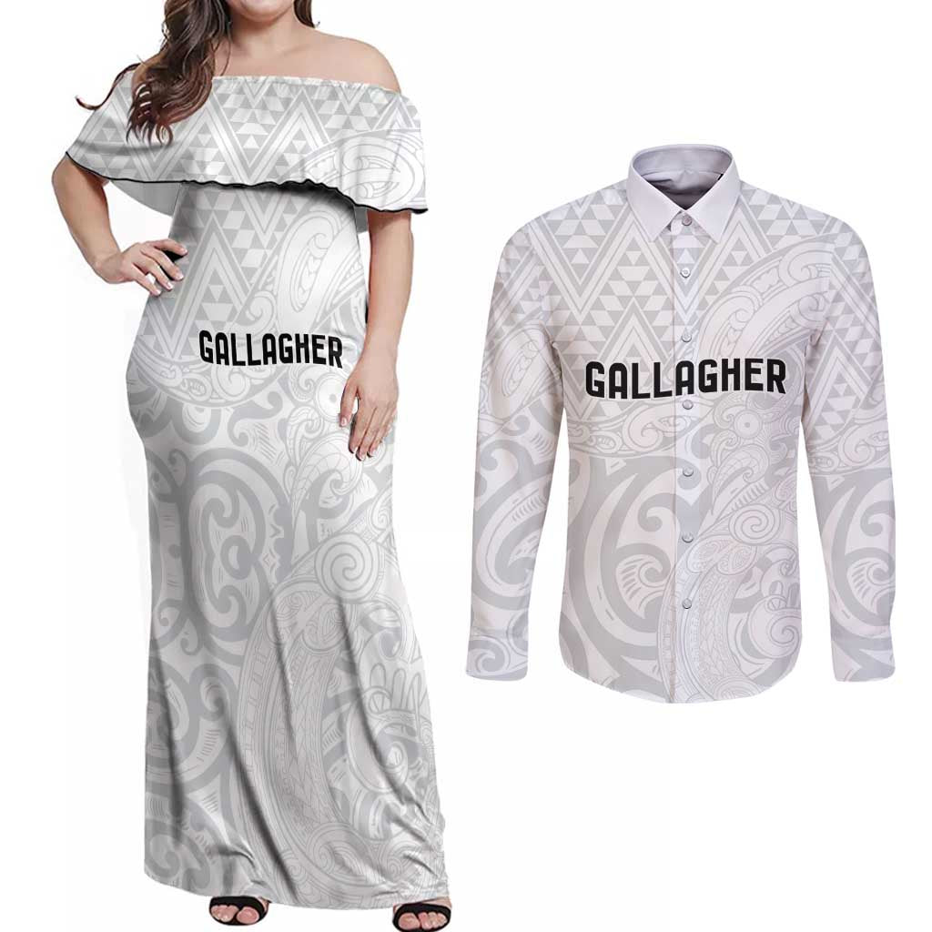 New Zealand Rangatira Custom Couples Matching Off Shoulder Maxi Dress and Long Sleeve Button Shirt All White Niho Taniwha Maori Tribal