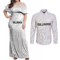 New Zealand Rangatira Custom Couples Matching Off Shoulder Maxi Dress and Long Sleeve Button Shirt All White Niho Taniwha Maori Tribal