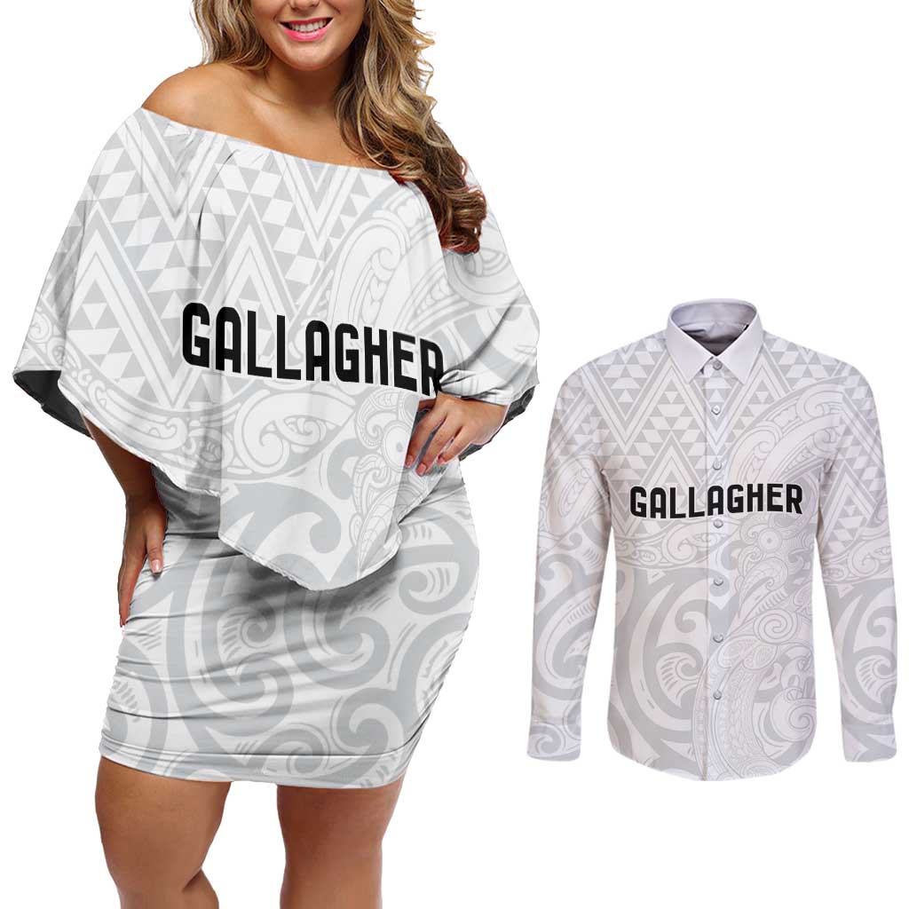 New Zealand Rangatira Custom Couples Matching Off Shoulder Short Dress and Long Sleeve Button Shirt All White Niho Taniwha Maori Tribal