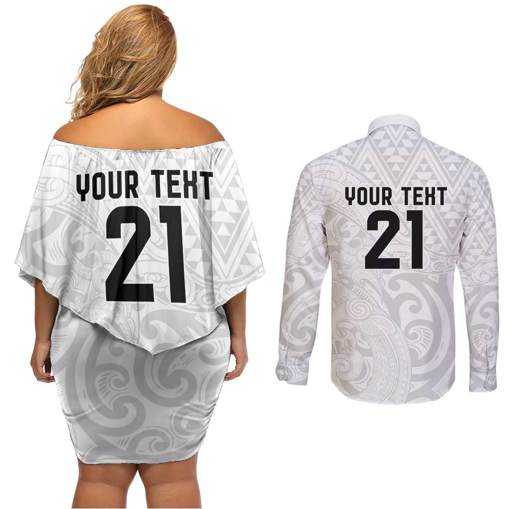 New Zealand Rangatira Custom Couples Matching Off Shoulder Short Dress and Long Sleeve Button Shirt All White Niho Taniwha Maori Tribal