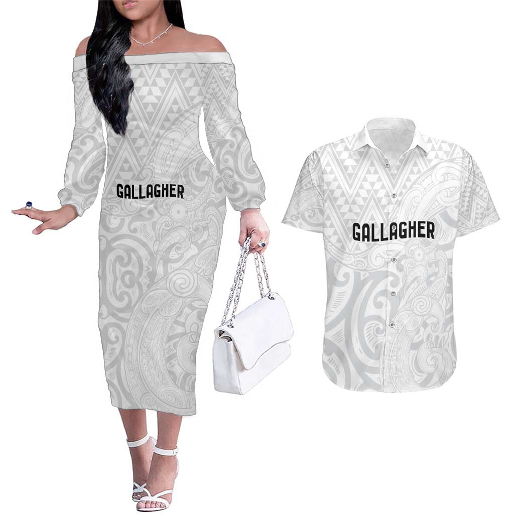 New Zealand Rangatira Custom Couples Matching Off The Shoulder Long Sleeve Dress and Hawaiian Shirt All White Niho Taniwha Maori Tribal LT9 White - Polynesian Pride