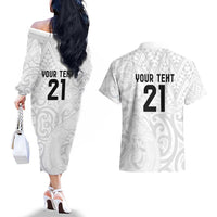 New Zealand Rangatira Custom Couples Matching Off The Shoulder Long Sleeve Dress and Hawaiian Shirt All White Niho Taniwha Maori Tribal LT9 - Polynesian Pride