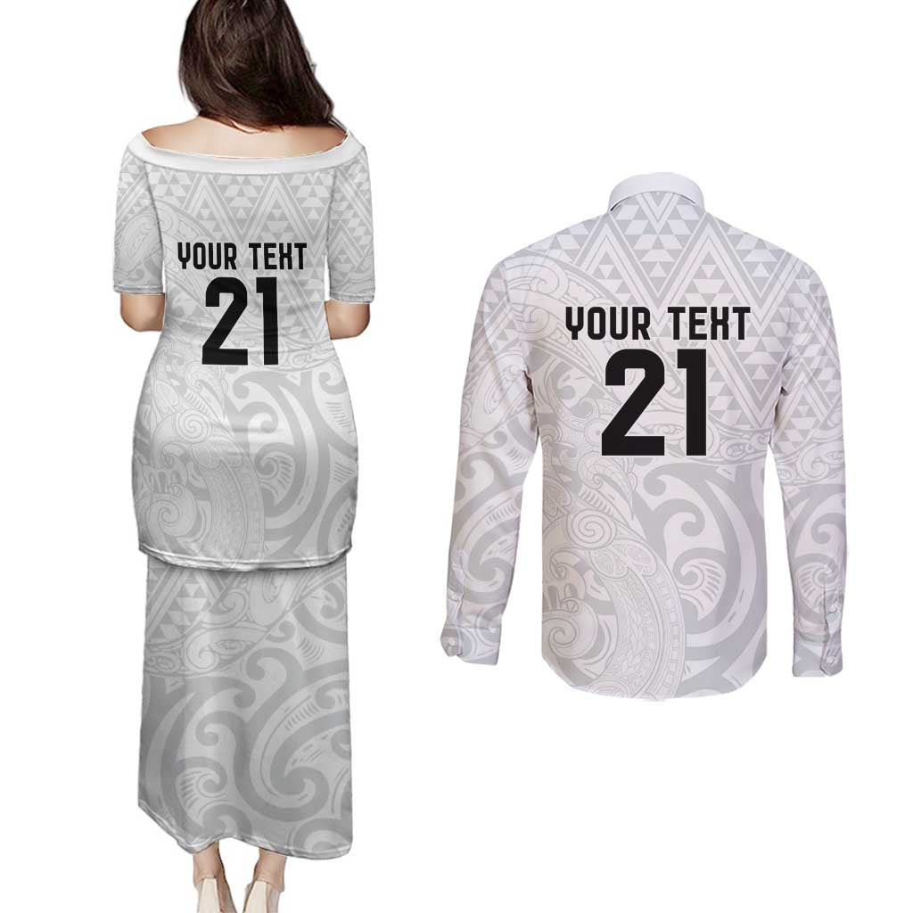 New Zealand Rangatira Custom Couples Matching Puletasi and Long Sleeve Button Shirt All White Niho Taniwha Maori Tribal