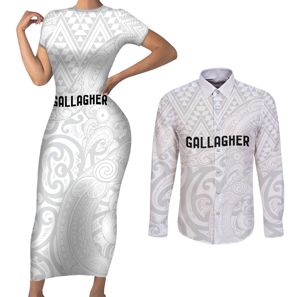 New Zealand Rangatira Custom Couples Matching Short Sleeve Bodycon Dress and Long Sleeve Button Shirt All White Niho Taniwha Maori Tribal