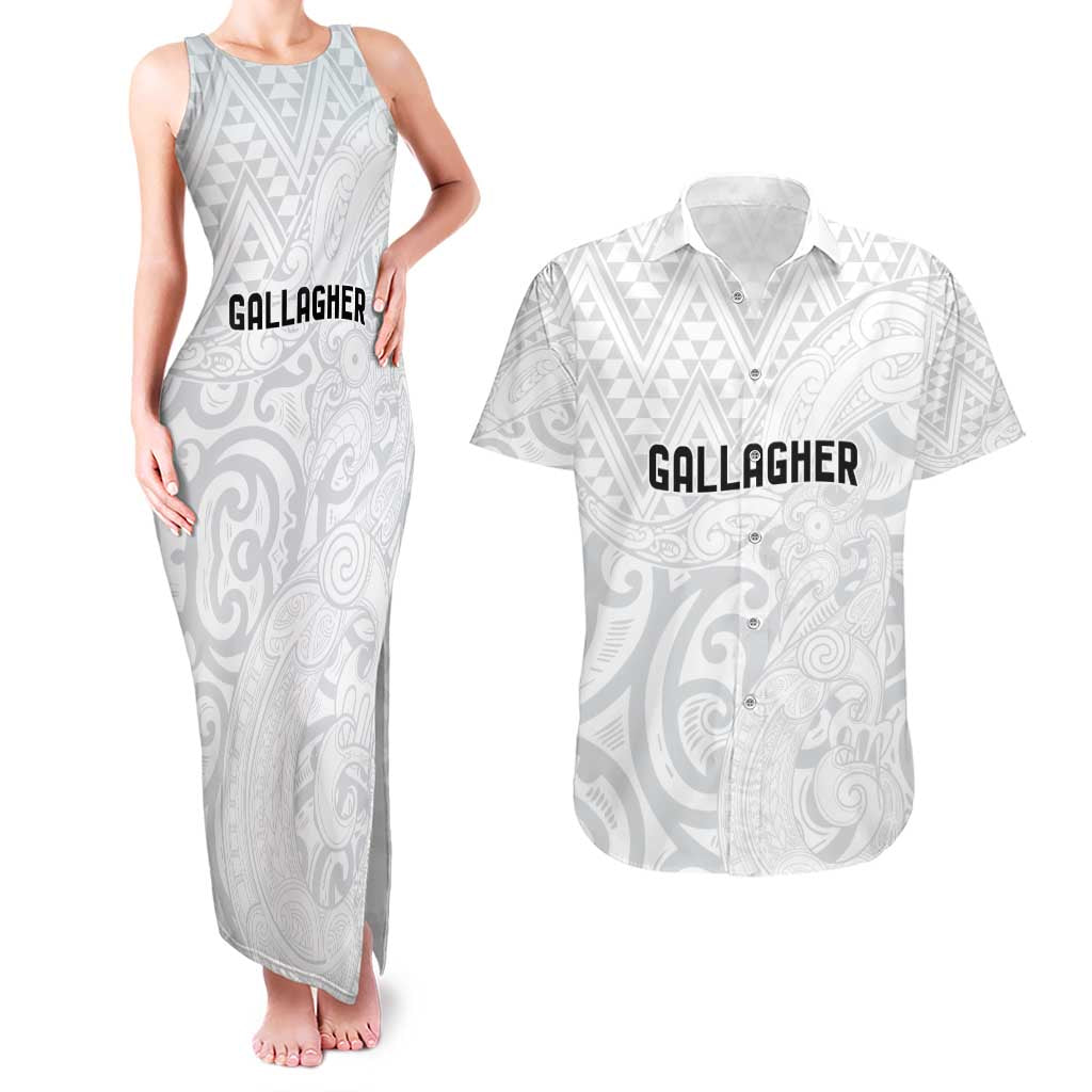 New Zealand Rangatira Custom Couples Matching Tank Maxi Dress and Hawaiian Shirt All White Niho Taniwha Maori Tribal