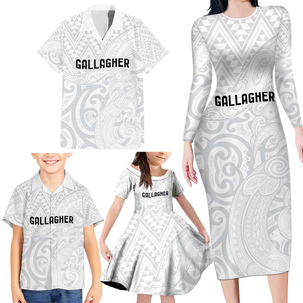 New Zealand Rangatira Custom Family Matching Long Sleeve Bodycon Dress and Hawaiian Shirt All White Niho Taniwha Maori Tribal