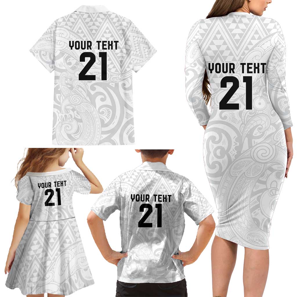 New Zealand Rangatira Custom Family Matching Long Sleeve Bodycon Dress and Hawaiian Shirt All White Niho Taniwha Maori Tribal