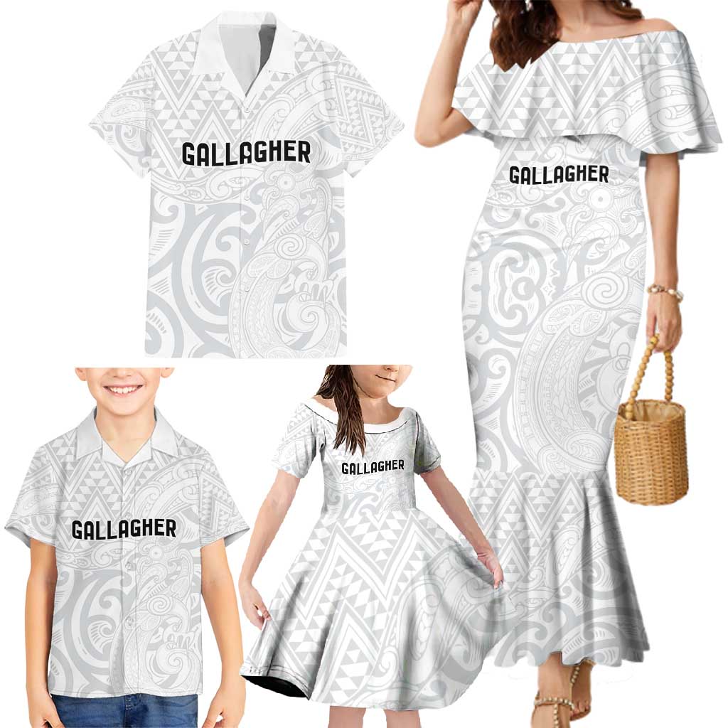 New Zealand Rangatira Custom Family Matching Mermaid Dress and Hawaiian Shirt All White Niho Taniwha Maori Tribal