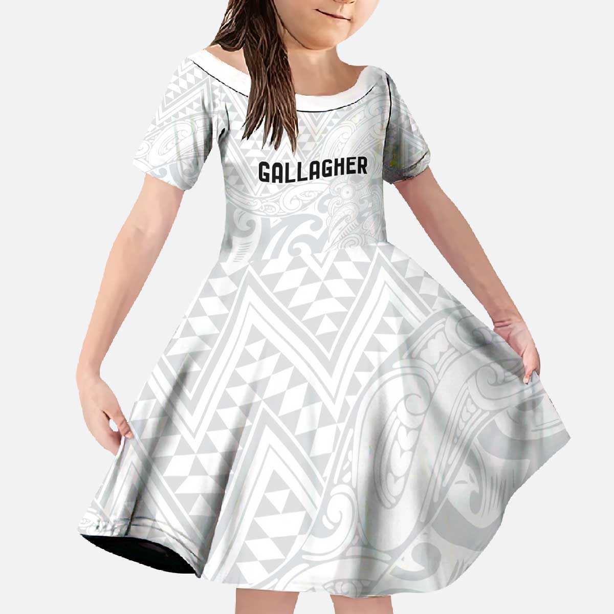 New Zealand Rangatira Custom Family Matching Off The Shoulder Long Sleeve Dress and Hawaiian Shirt All White Niho Taniwha Maori Tribal LT9 Daughter's Dress White - Polynesian Pride