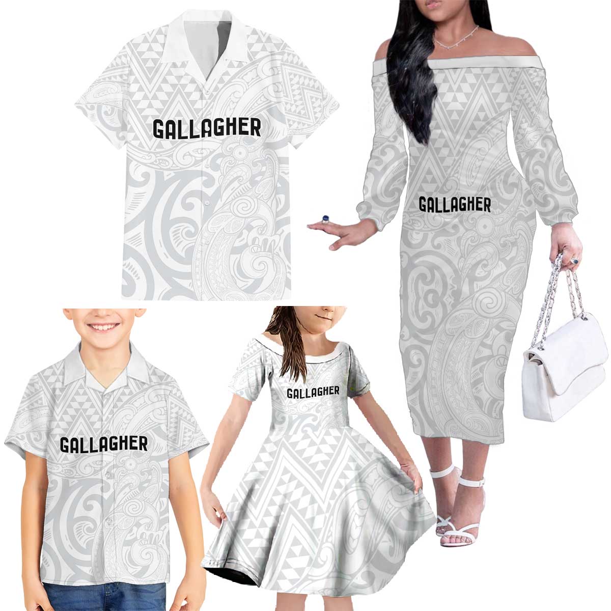 New Zealand Rangatira Custom Family Matching Off The Shoulder Long Sleeve Dress and Hawaiian Shirt All White Niho Taniwha Maori Tribal LT9 - Polynesian Pride
