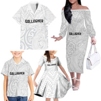 New Zealand Rangatira Custom Family Matching Off The Shoulder Long Sleeve Dress and Hawaiian Shirt All White Niho Taniwha Maori Tribal LT9 - Polynesian Pride