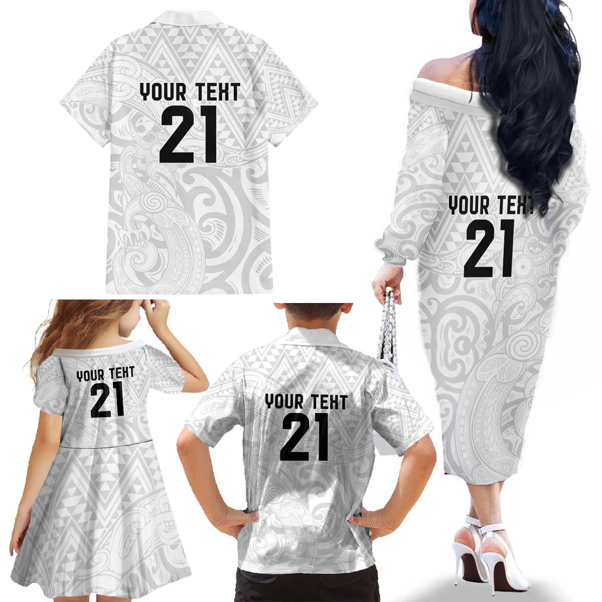 New Zealand Rangatira Custom Family Matching Off The Shoulder Long Sleeve Dress and Hawaiian Shirt All White Niho Taniwha Maori Tribal LT9 - Polynesian Pride