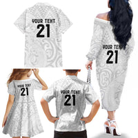 New Zealand Rangatira Custom Family Matching Off The Shoulder Long Sleeve Dress and Hawaiian Shirt All White Niho Taniwha Maori Tribal LT9 - Polynesian Pride