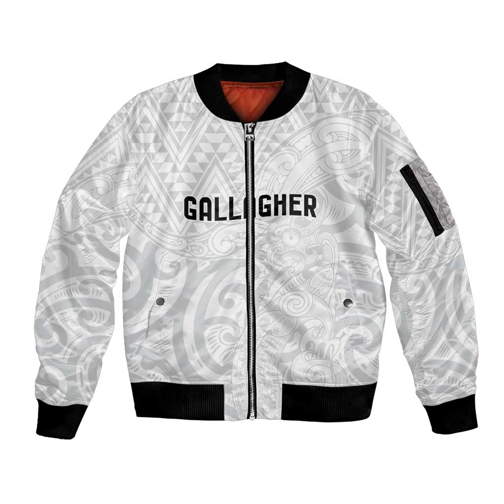 New Zealand Rangatira Custom Sleeve Zip Bomber Jacket All White Niho Taniwha Maori Tribal