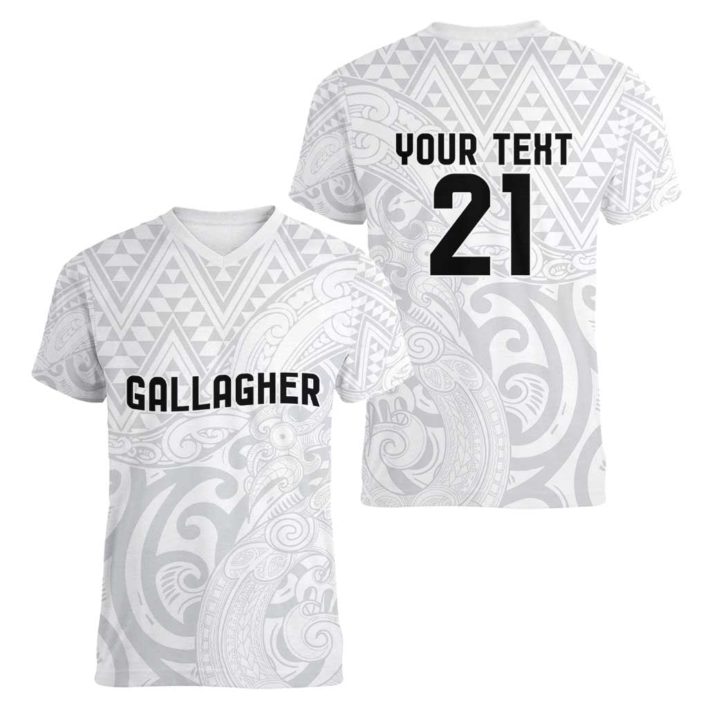 New Zealand Rangatira Custom Women V-Neck T-Shirt All White Niho Taniwha Maori Tribal