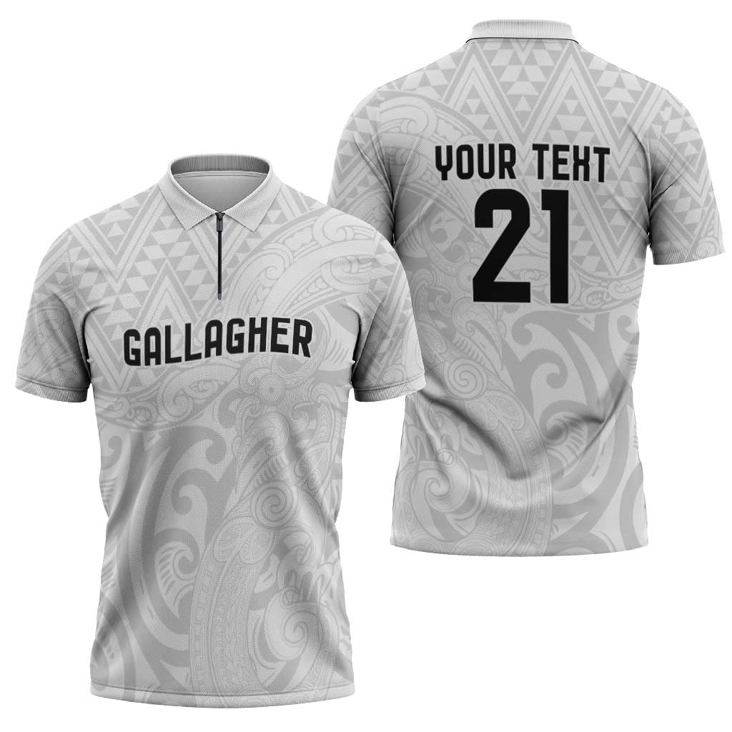 New Zealand Rangatira Custom Zipper Polo Shirt All White Niho Taniwha Maori Tribal - Polynesian Pride