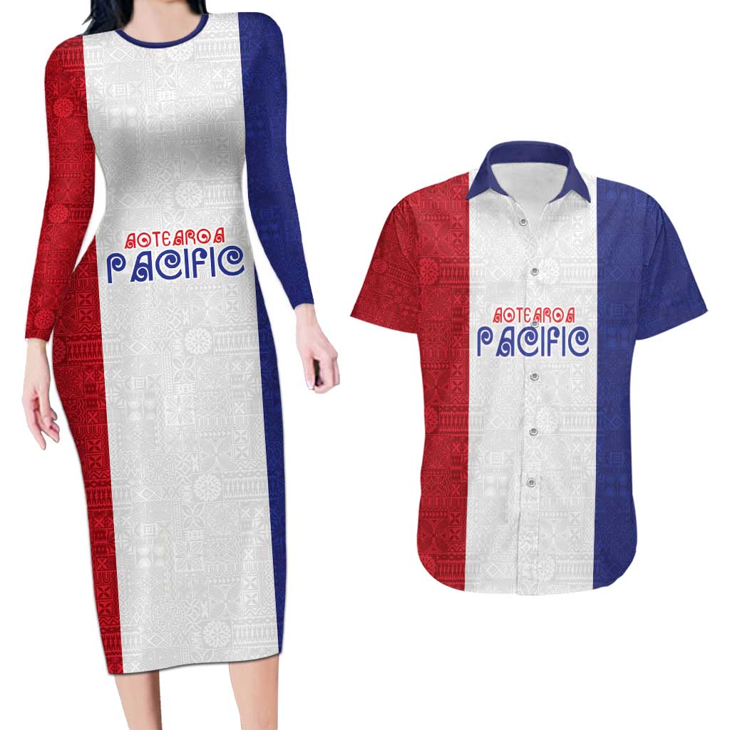 New Zealand Rugby Pacific Personalised Couples Matching Long Sleeve Bodycon Dress and Hawaiian Shirt Maori Style Tribal Tapa Pattern LT9 White - Polynesian Pride