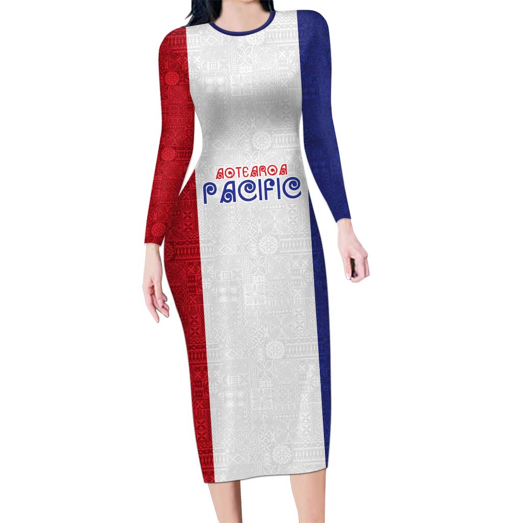 New Zealand Rugby Pacific Personalised Family Matching Long Sleeve Bodycon Dress and Hawaiian Shirt Maori Style Tribal Tapa Pattern LT9 Mom's Dress White - Polynesian Pride
