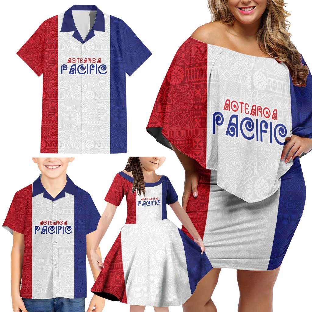 New Zealand Rugby Pacific Personalised Family Matching Off Shoulder Short Dress and Hawaiian Shirt Maori Style Tribal Tapa Pattern