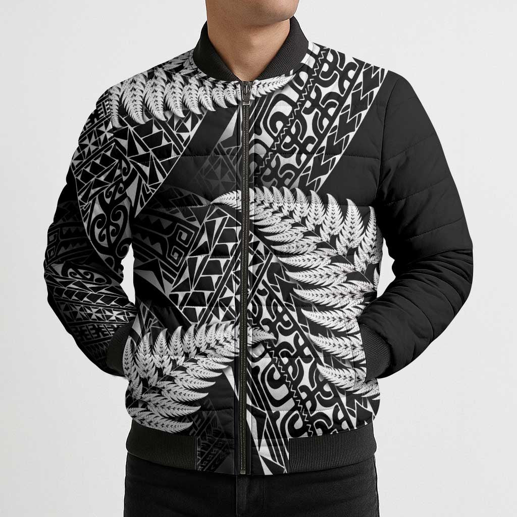 New Zealand Rugby Pacific Personalised Bomber Puffer Jacket All Black Maori Pasifika Fern Pattern - Polynesian Pride
