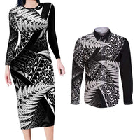 New Zealand Rugby Pacific Personalised Couples Matching Long Sleeve Bodycon Dress and Long Sleeve Button Shirt All Black Maori Pasifika Fern Pattern LT9 Black - Polynesian Pride