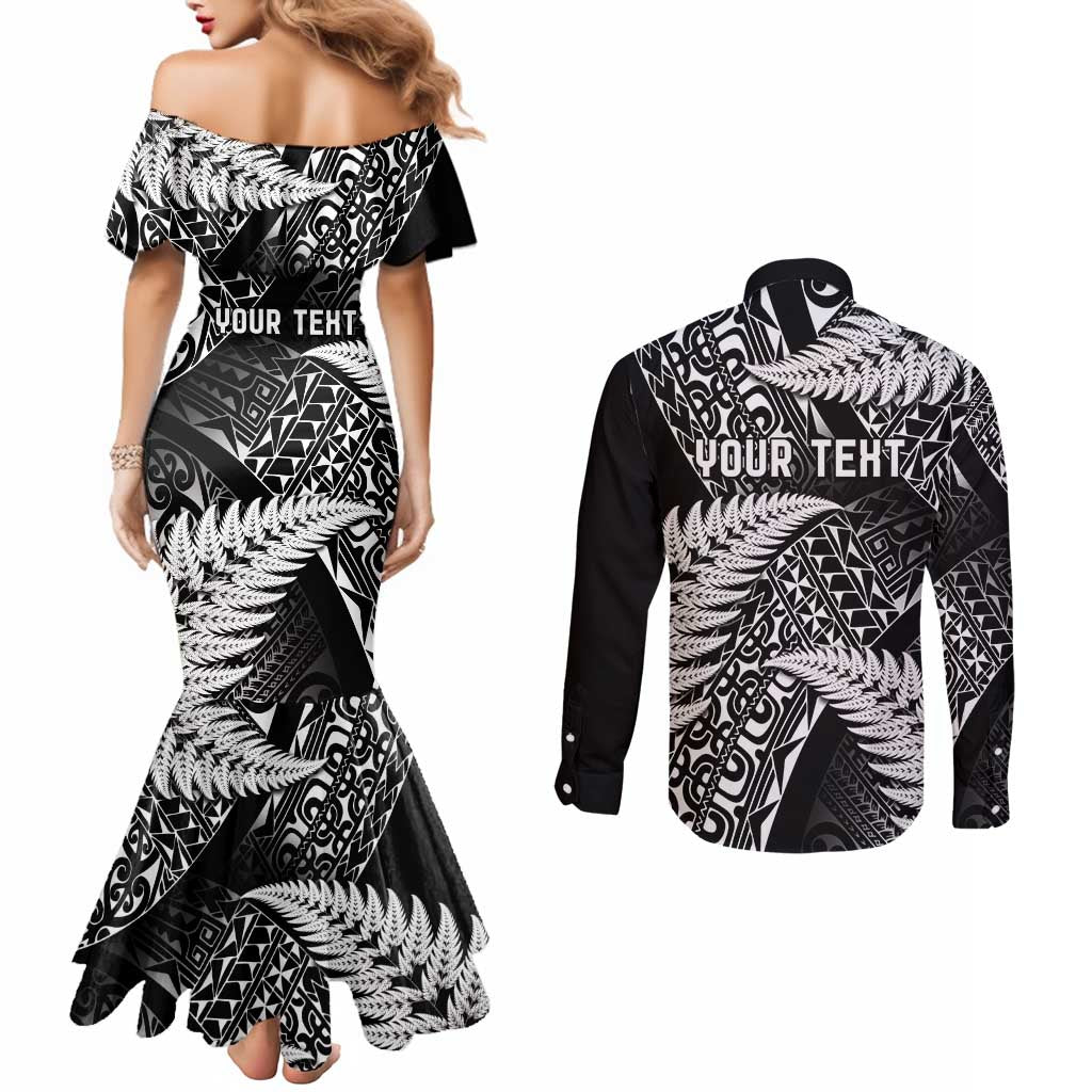 New Zealand Rugby Pacific Personalised Couples Matching Mermaid Dress and Long Sleeve Button Shirt All Black Maori Pasifika Fern Pattern LT9 - Polynesian Pride
