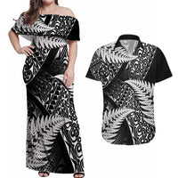 New Zealand Rugby Pacific Personalised Couples Matching Off Shoulder Maxi Dress and Hawaiian Shirt All Black Maori Pasifika Fern Pattern LT9 Black - Polynesian Pride