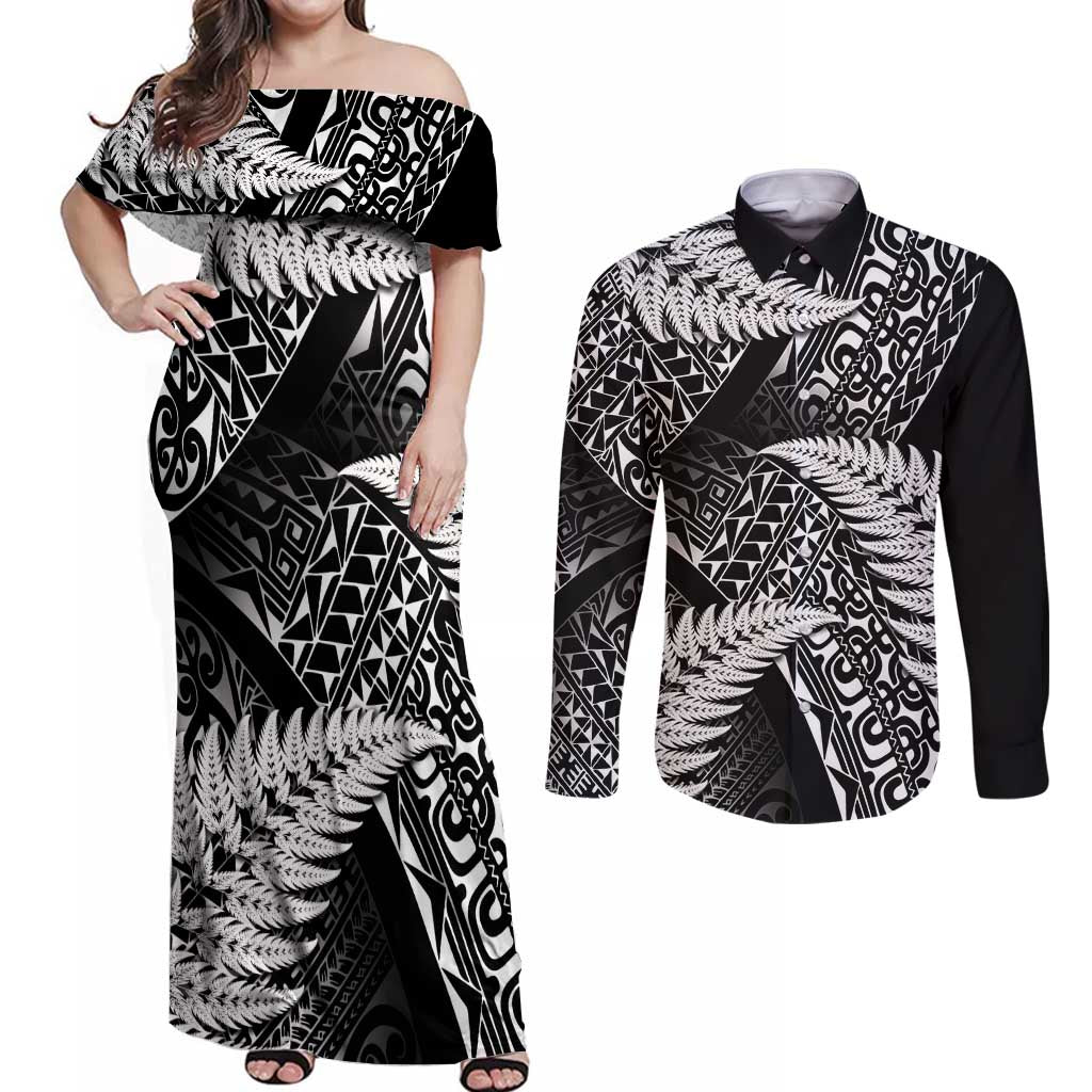 New Zealand Rugby Pacific Personalised Couples Matching Off Shoulder Maxi Dress and Long Sleeve Button Shirt All Black Maori Pasifika Fern Pattern LT9 Black - Polynesian Pride
