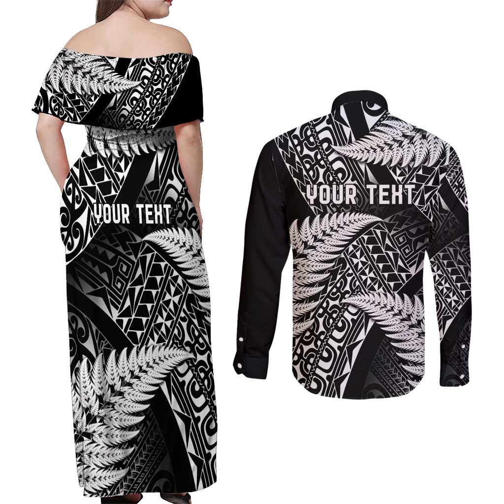 New Zealand Rugby Pacific Personalised Couples Matching Off Shoulder Maxi Dress and Long Sleeve Button Shirt All Black Maori Pasifika Fern Pattern LT9 - Polynesian Pride