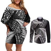 New Zealand Rugby Pacific Personalised Couples Matching Off Shoulder Short Dress and Long Sleeve Button Shirt All Black Maori Pasifika Fern Pattern LT9 Black - Polynesian Pride