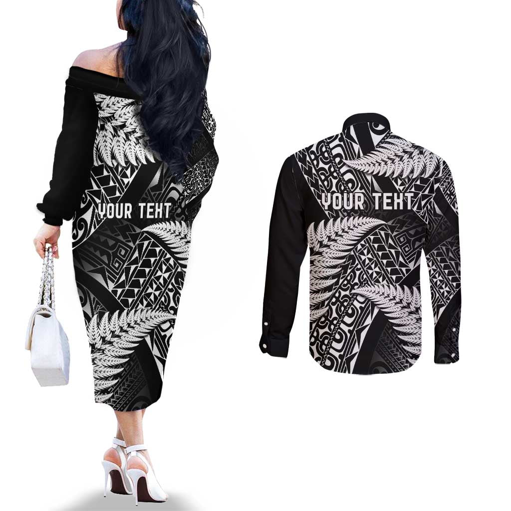 New Zealand Rugby Pacific Personalised Couples Matching Off The Shoulder Long Sleeve Dress and Long Sleeve Button Shirt All Black Maori Pasifika Fern Pattern LT9 - Polynesian Pride