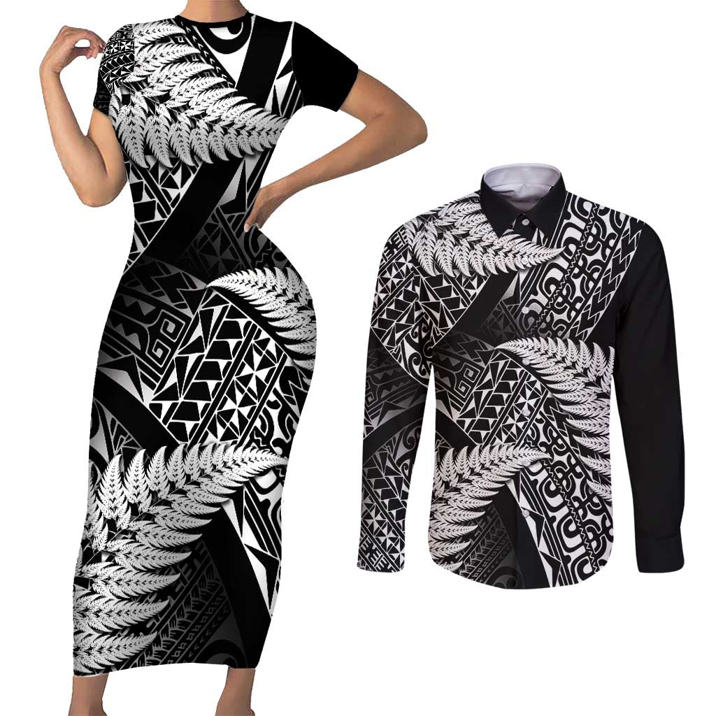 New Zealand Rugby Pacific Personalised Couples Matching Short Sleeve Bodycon Dress and Long Sleeve Button Shirt All Black Maori Pasifika Fern Pattern LT9 Black - Polynesian Pride