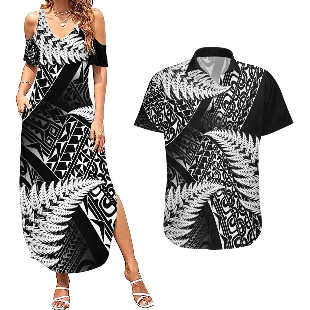 New Zealand Rugby Pacific Personalised Couples Matching Summer Maxi Dress and Hawaiian Shirt All Black Maori Pasifika Fern Pattern LT9 Black - Polynesian Pride