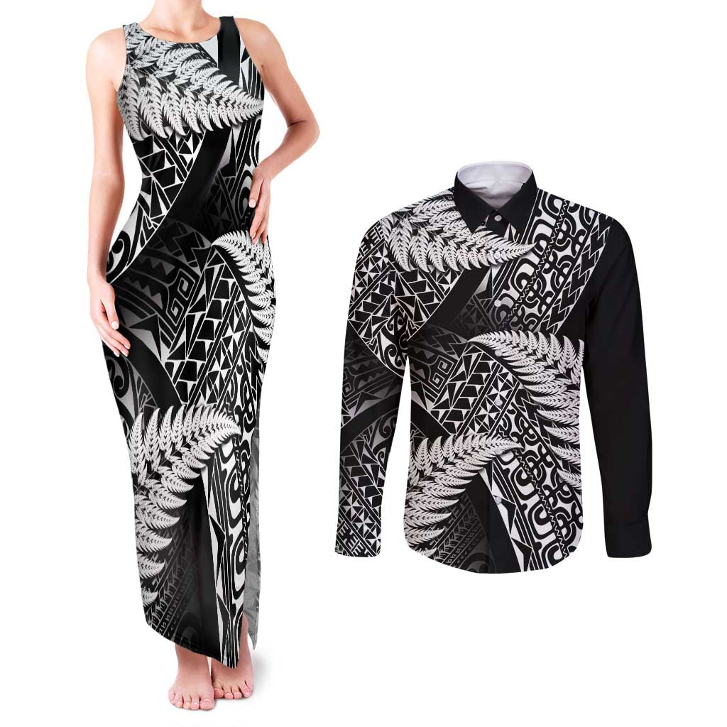 New Zealand Rugby Pacific Personalised Couples Matching Tank Maxi Dress and Long Sleeve Button Shirt All Black Maori Pasifika Fern Pattern