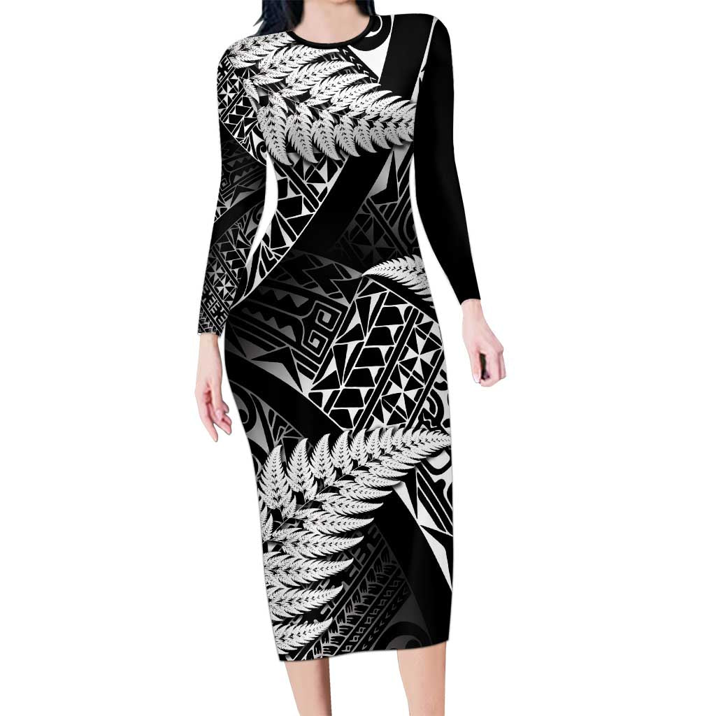 New Zealand Rugby Pacific Personalised Family Matching Long Sleeve Bodycon Dress and Hawaiian Shirt All Black Maori Pasifika Fern Pattern LT9 Mom's Dress Black - Polynesian Pride