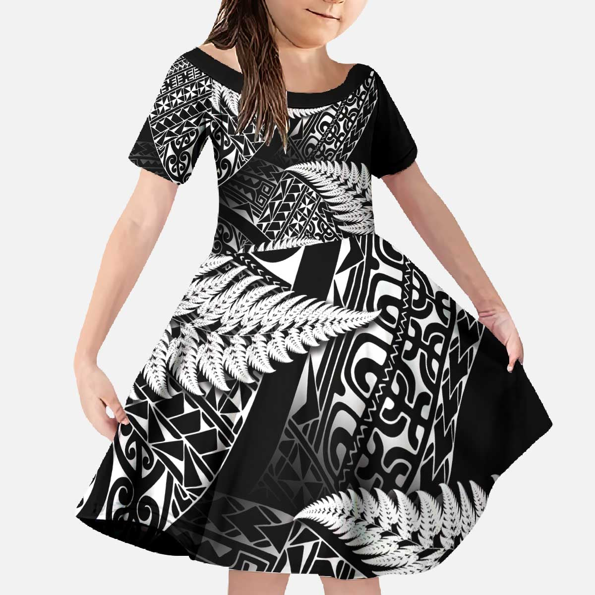 New Zealand Rugby Pacific Personalised Family Matching Off The Shoulder Long Sleeve Dress and Hawaiian Shirt All Black Maori Pasifika Fern Pattern LT9 Daughter's Dress Black - Polynesian Pride