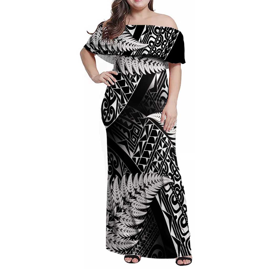 New Zealand Rugby Pacific Personalised Family Matching Off Shoulder Maxi Dress and Hawaiian Shirt All Black Maori Pasifika Fern Pattern