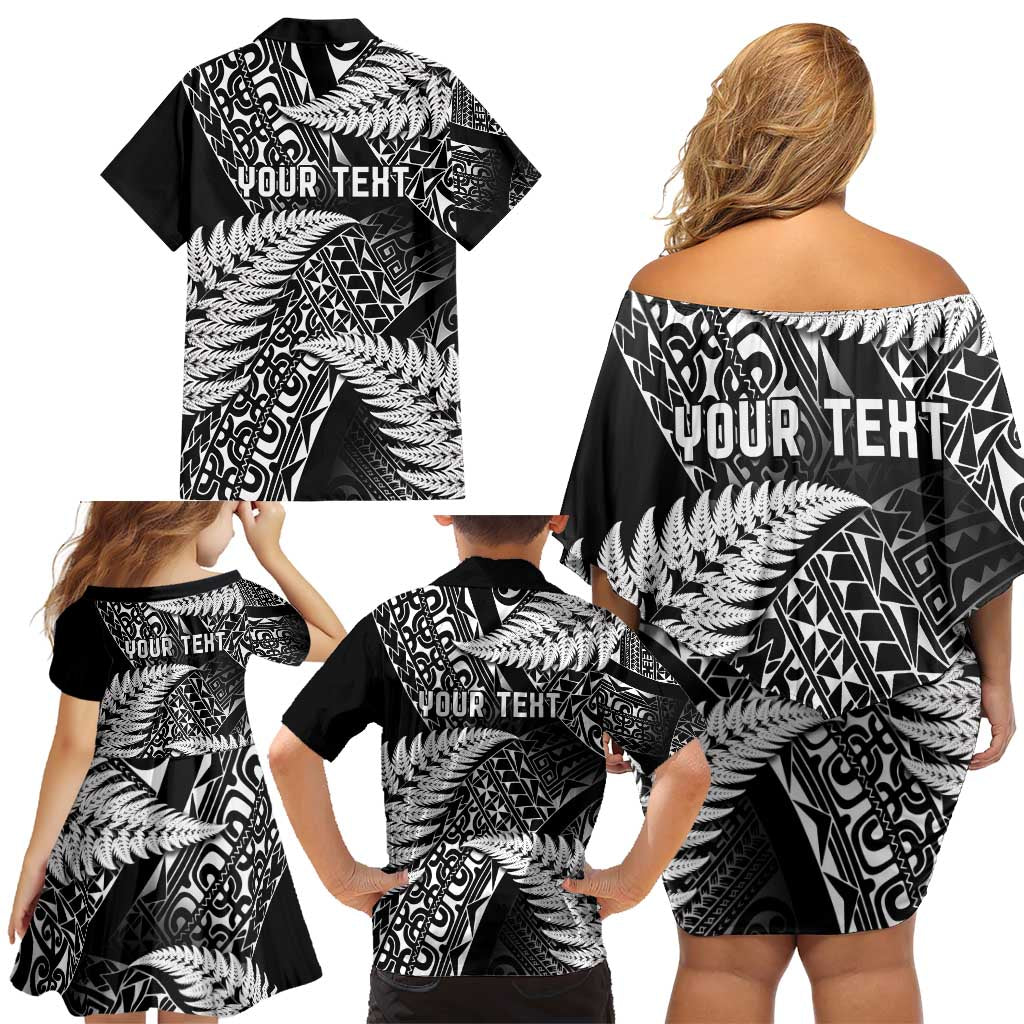New Zealand Rugby Pacific Personalised Family Matching Off Shoulder Short Dress and Hawaiian Shirt All Black Maori Pasifika Fern Pattern
