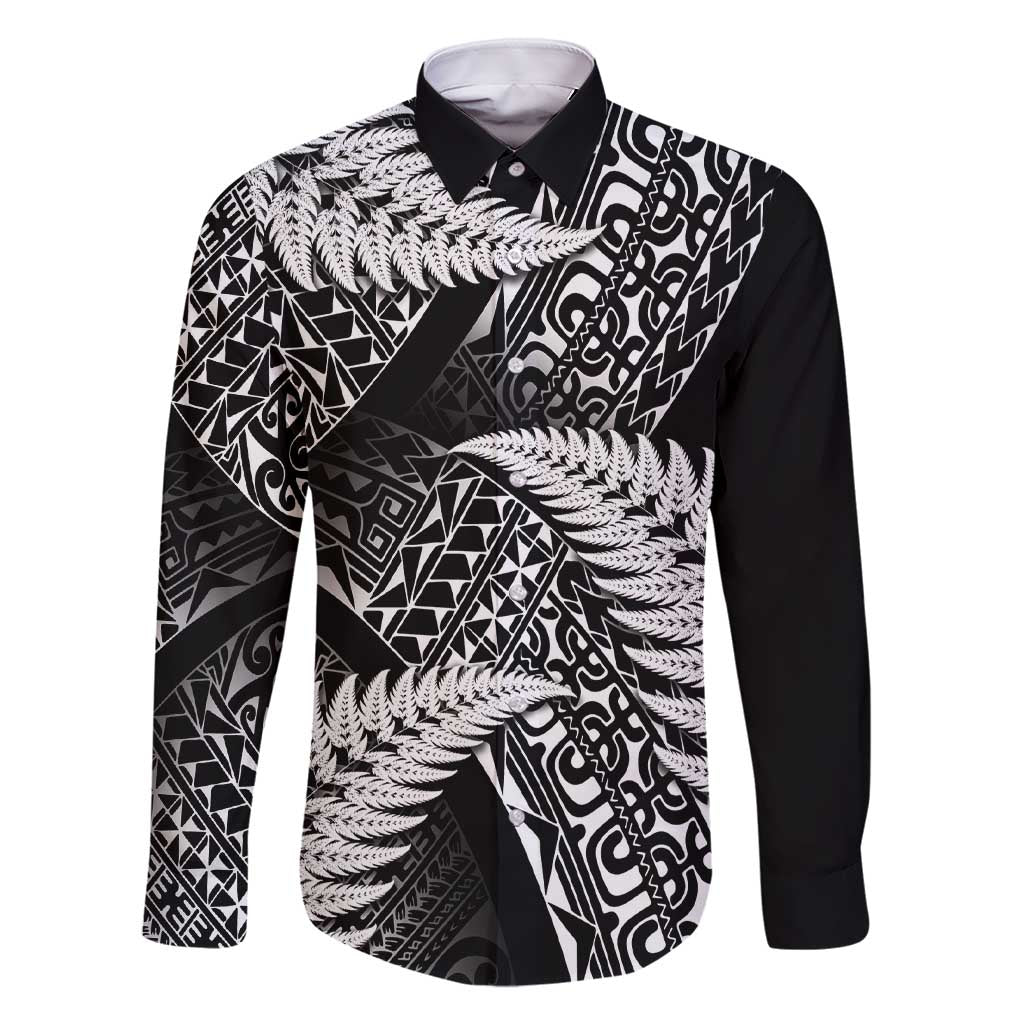 New Zealand Rugby Pacific Personalised Family Matching Short Sleeve Bodycon Dress and Hawaiian Shirt All Black Maori Pasifika Fern Pattern LT9 Dad's Shirt - Long Sleeve Black - Polynesian Pride