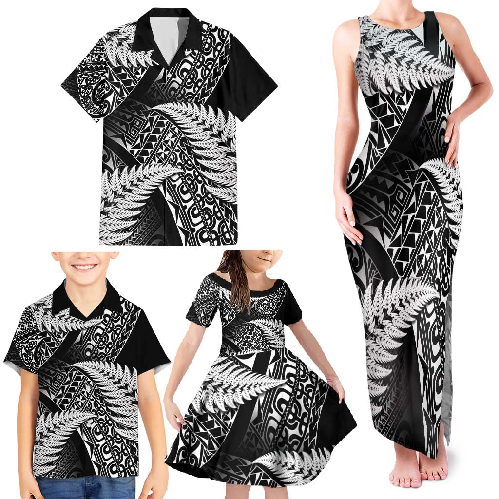 New Zealand Rugby Pacific Personalised Family Matching Tank Maxi Dress and Hawaiian Shirt All Black Maori Pasifika Fern Pattern