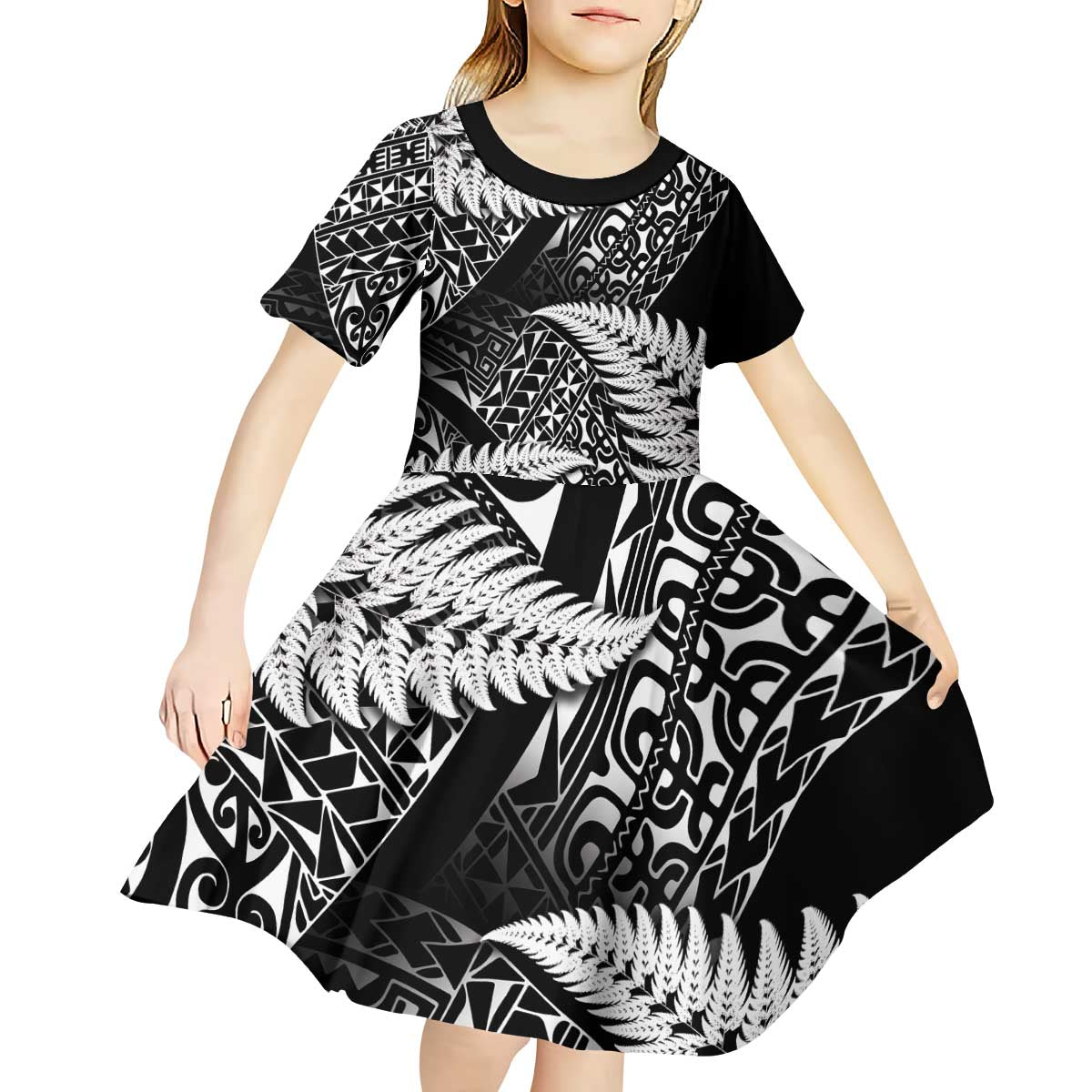 New Zealand Rugby Pacific Personalised Kid Short Sleeve Dress All Black Maori Pasifika Fern Pattern