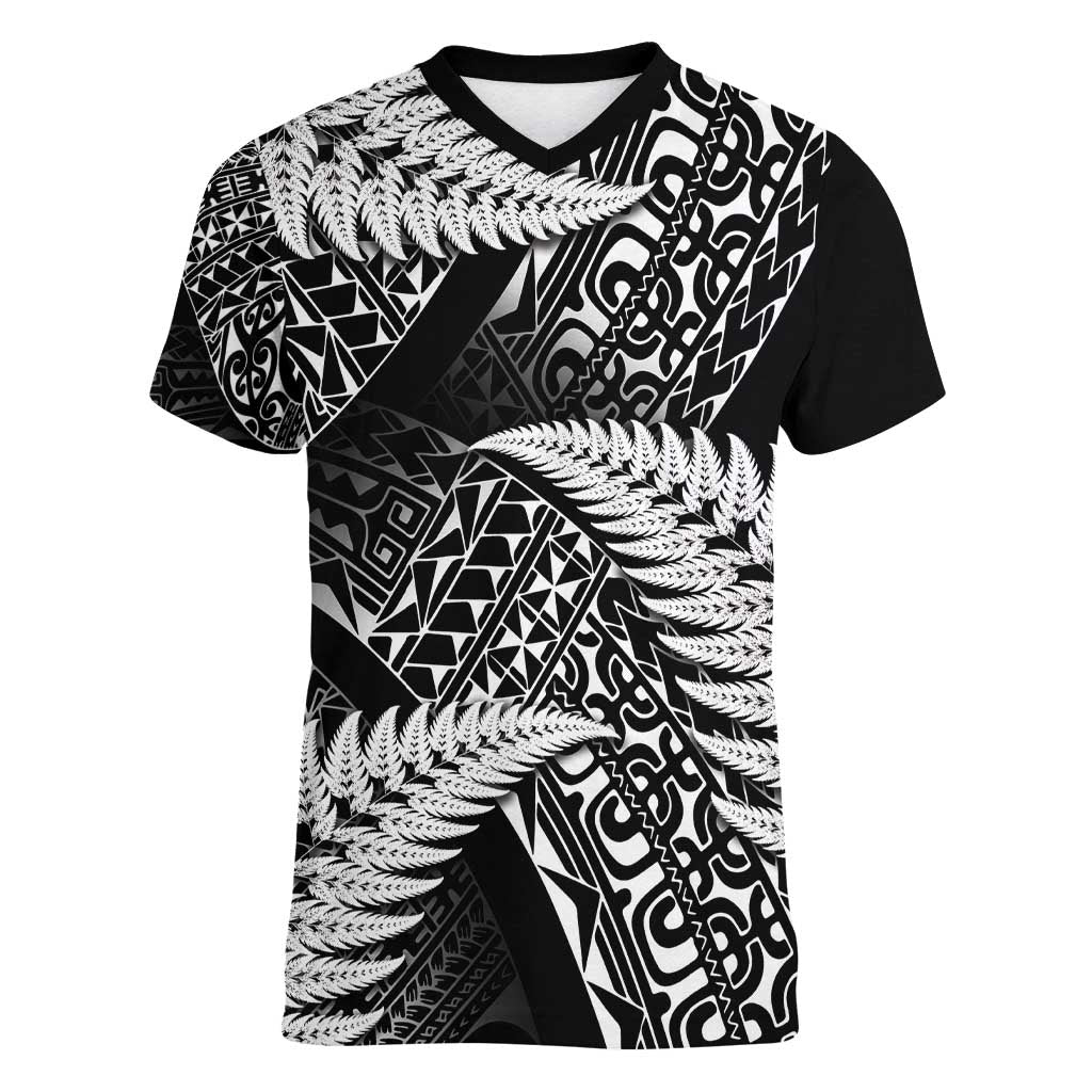 New Zealand Rugby Pacific Personalised Women V-Neck T-Shirt All Black Maori Pasifika Fern Pattern LT9 Female Black - Polynesian Pride
