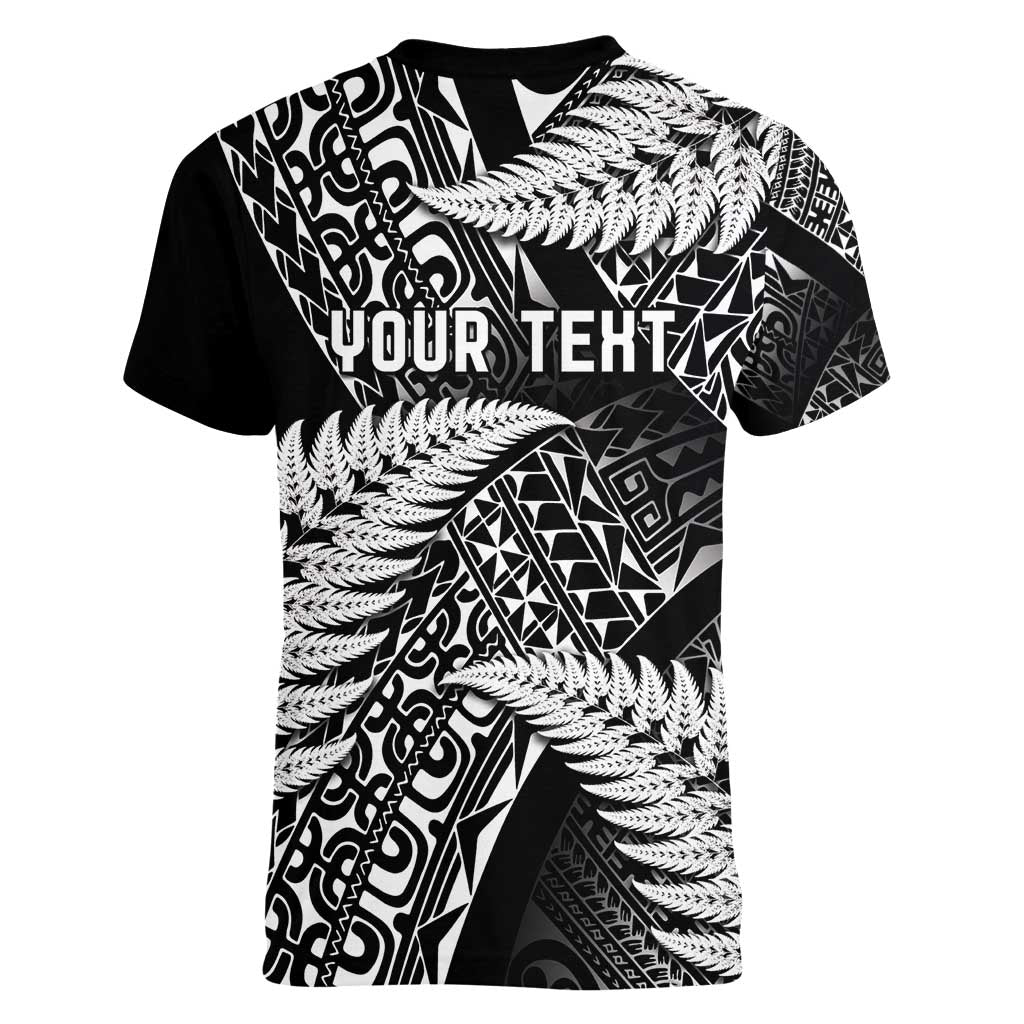 New Zealand Rugby Pacific Personalised Women V-Neck T-Shirt All Black Maori Pasifika Fern Pattern LT9 - Polynesian Pride