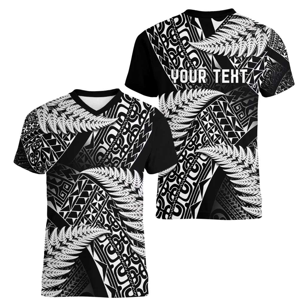 New Zealand Rugby Pacific Personalised Women V-Neck T-Shirt All Black Maori Pasifika Fern Pattern LT9 - Polynesian Pride