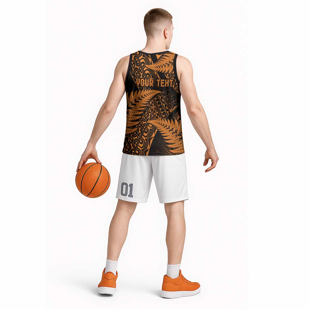 New Zealand Rugby Pacific Personalised Basketball Jersey All Gold Maori Pasifika Fern Pattern - Polynesian Pride