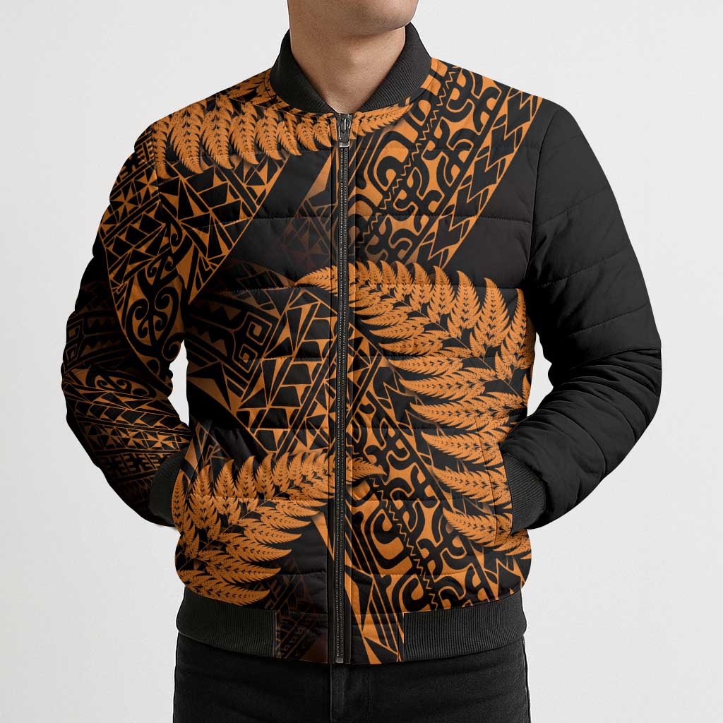 New Zealand Rugby Pacific Personalised Bomber Puffer Jacket All Gold Maori Pasifika Fern Pattern - Polynesian Pride