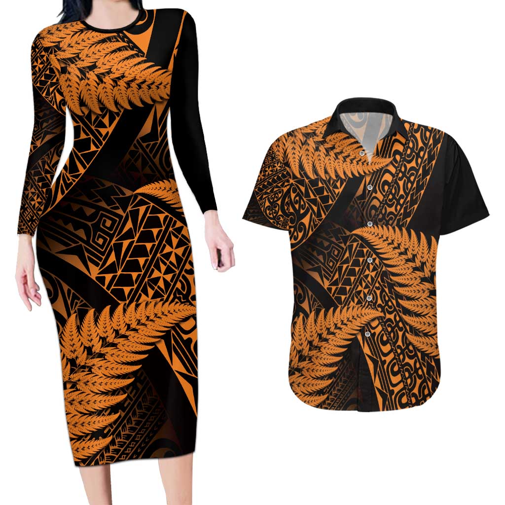 New Zealand Rugby Pacific Personalised Couples Matching Long Sleeve Bodycon Dress and Hawaiian Shirt All Gold Maori Pasifika Fern Pattern LT9 Gold - Polynesian Pride