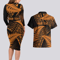 New Zealand Rugby Pacific Personalised Couples Matching Long Sleeve Bodycon Dress and Hawaiian Shirt All Gold Maori Pasifika Fern Pattern LT9 - Polynesian Pride