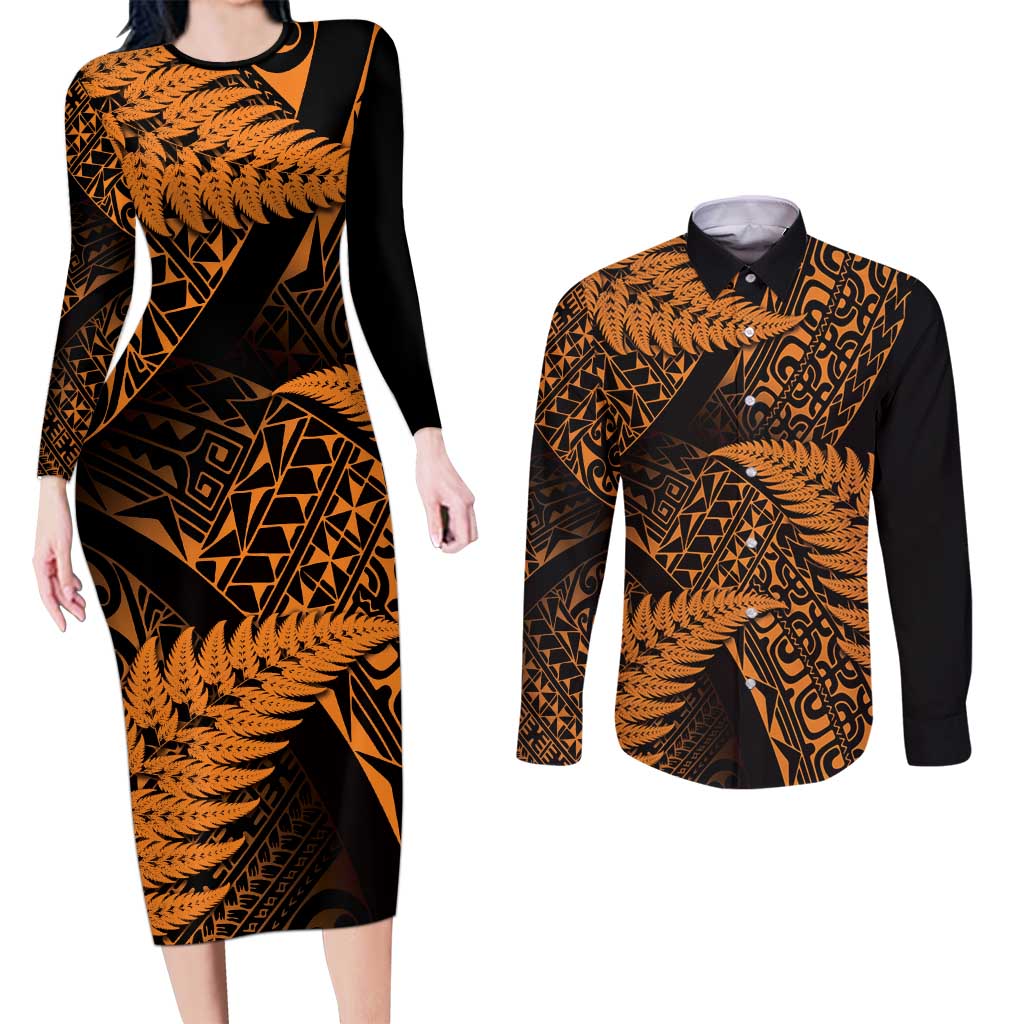 New Zealand Rugby Pacific Personalised Couples Matching Long Sleeve Bodycon Dress and Long Sleeve Button Shirt All Gold Maori Pasifika Fern Pattern LT9 Gold - Polynesian Pride
